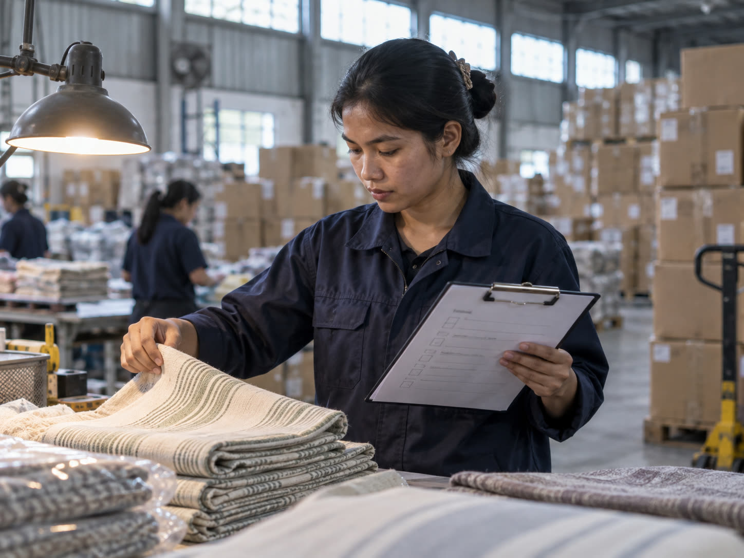 Quality inspector checking folded textile samples against a checklist in a factory warehouse