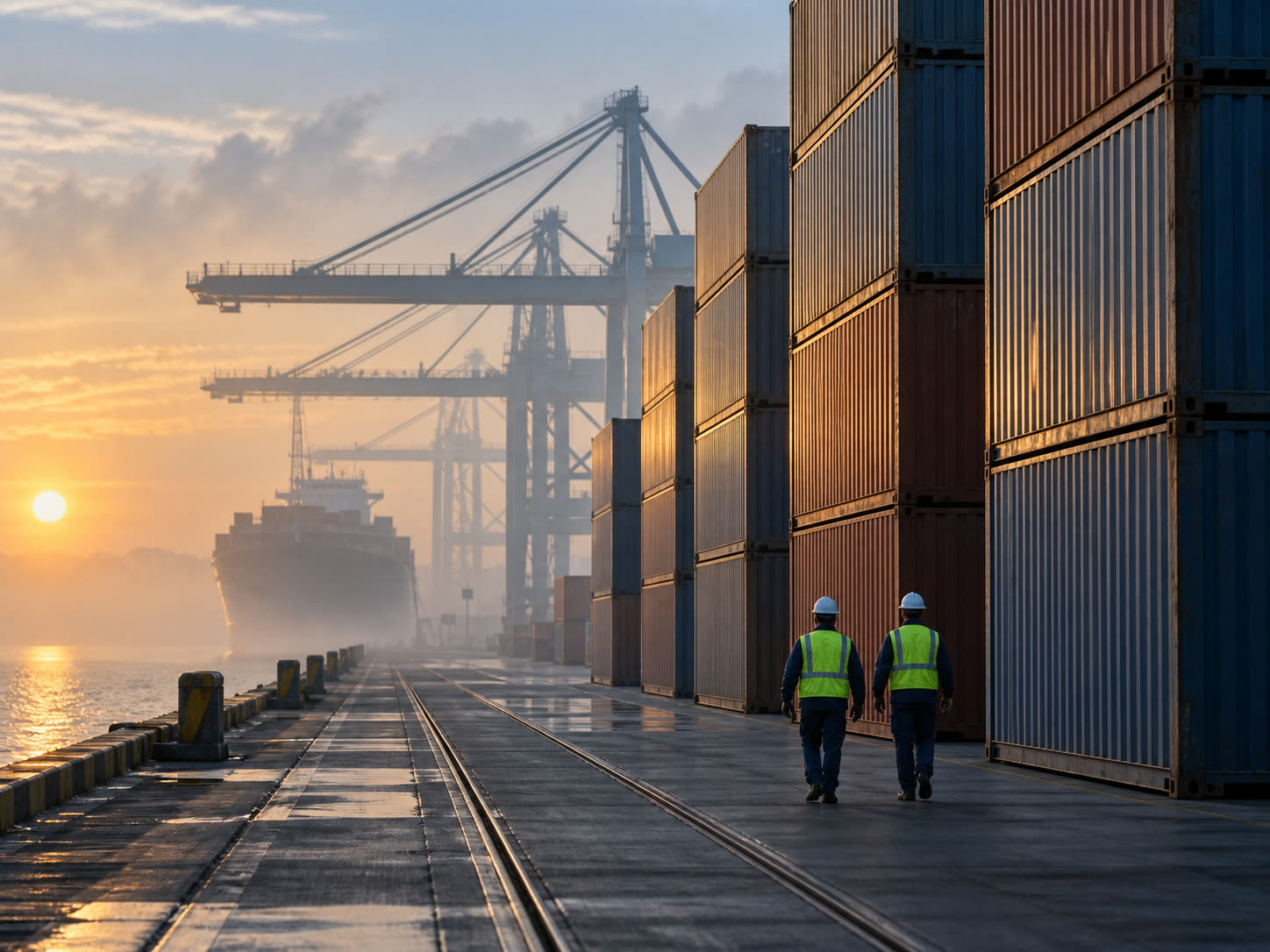 Two dock workers in hard hats walking past stacked containers at a port in the early morning